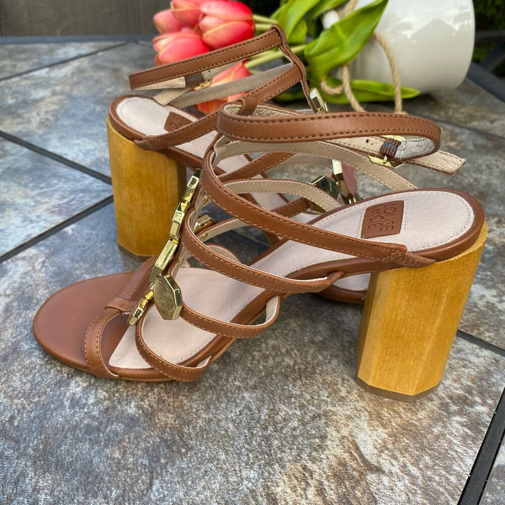 Louise et Cie Leather Jeweled T-Strap Gladiator Block Heel Sandals Cognac Brown - Picture 11 of 13